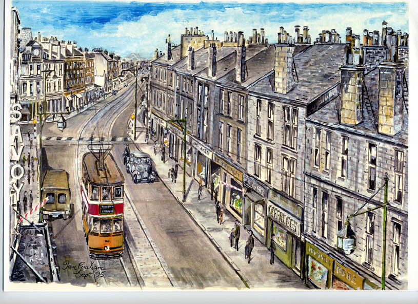 Ian Graham's sketch of Cambuslang Cross with the No.17 tram parked at the Savoy Cinema - Drawn in Sept. 1995